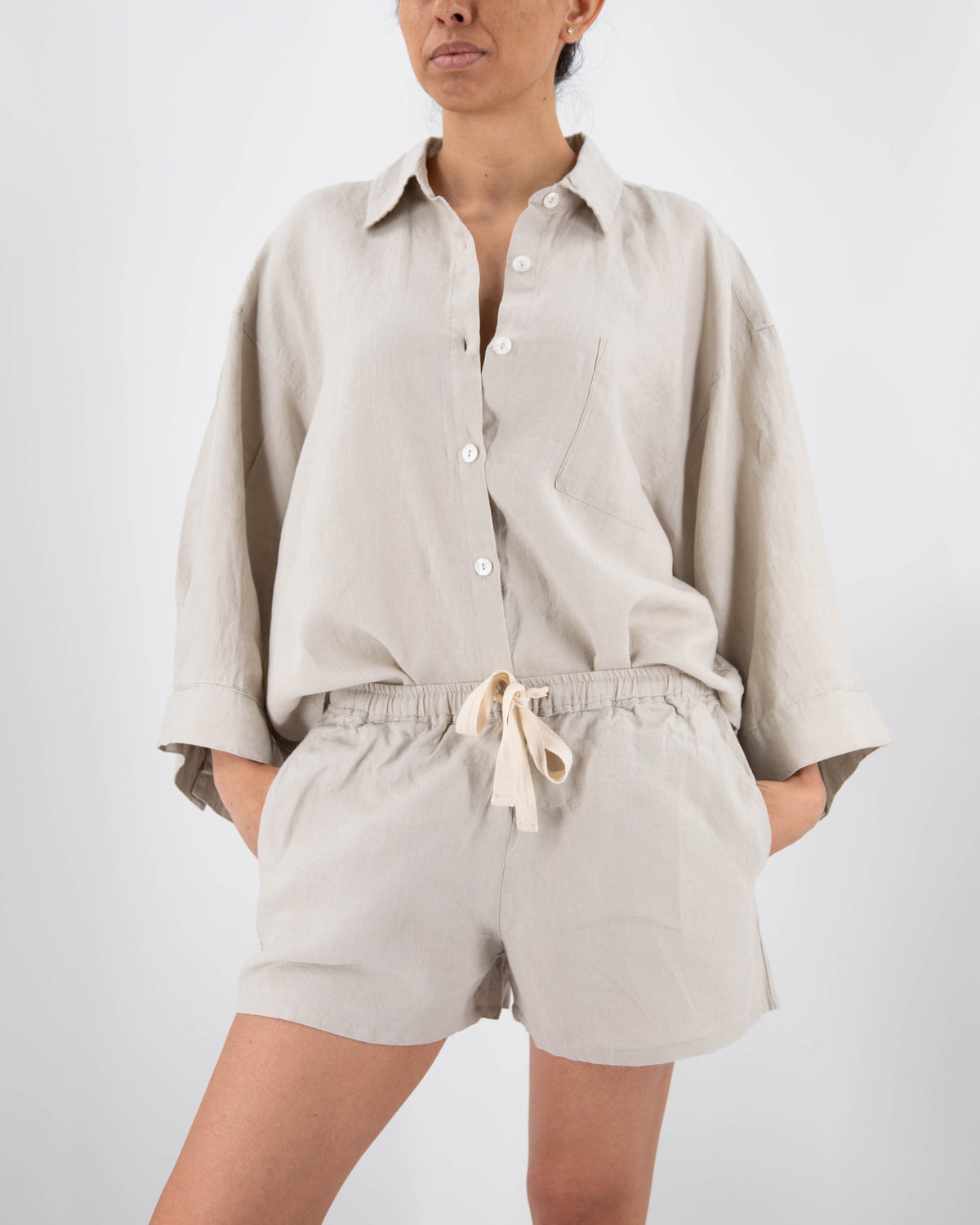 Linen button down shirt and shorts sleepwear set in dove gray