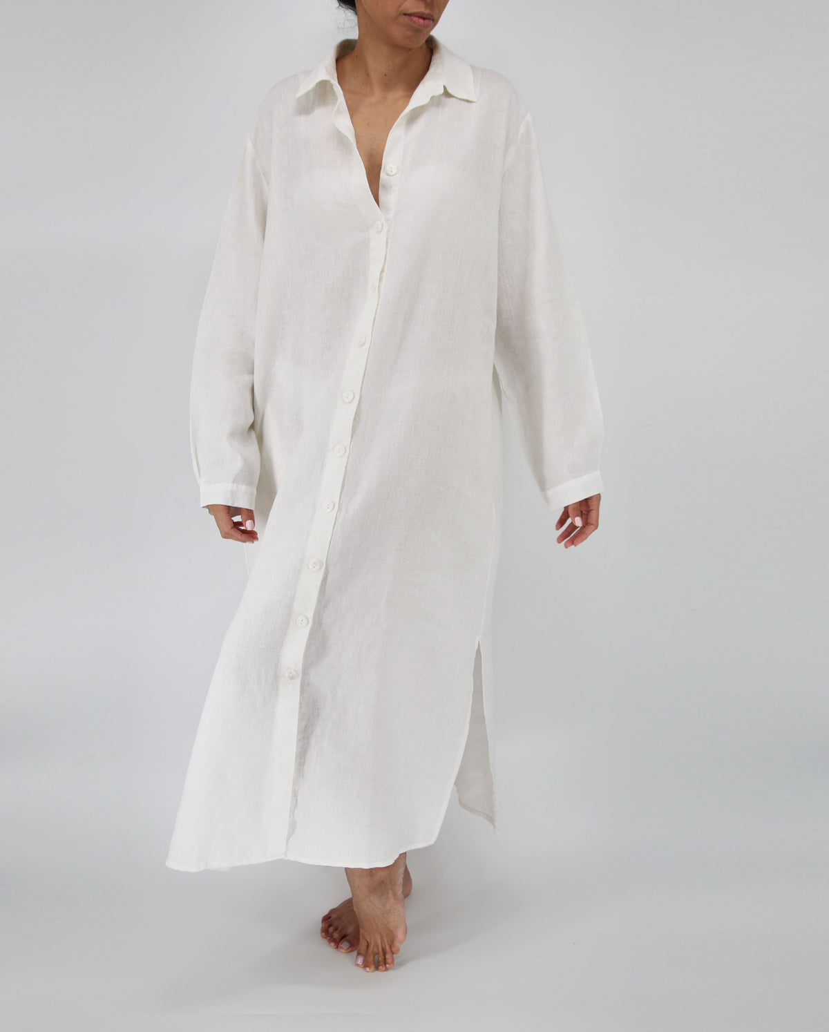 white linen dress with buttons maxi long length