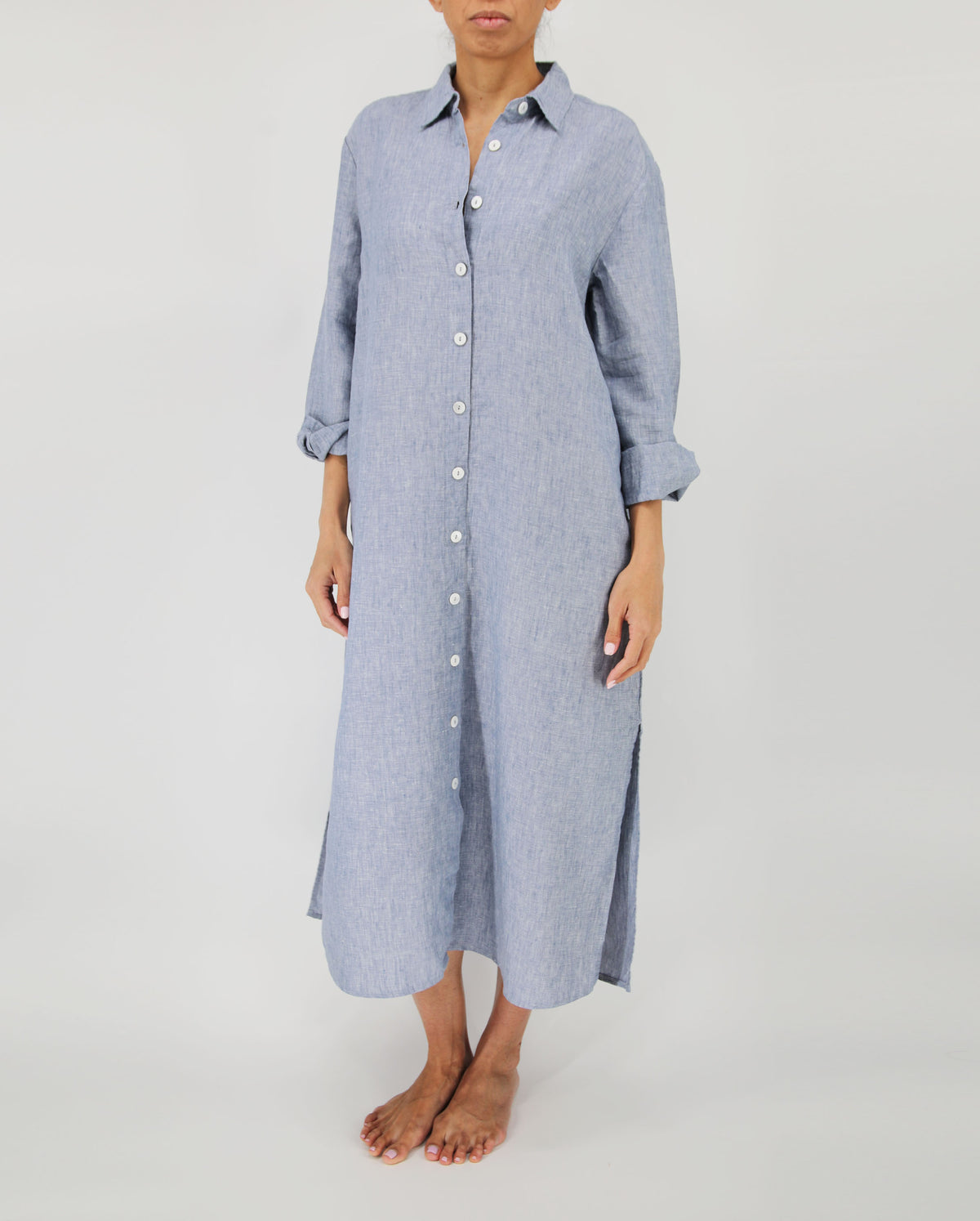 chambray light blue long linen dress with mother of pearl buttons and side pockets