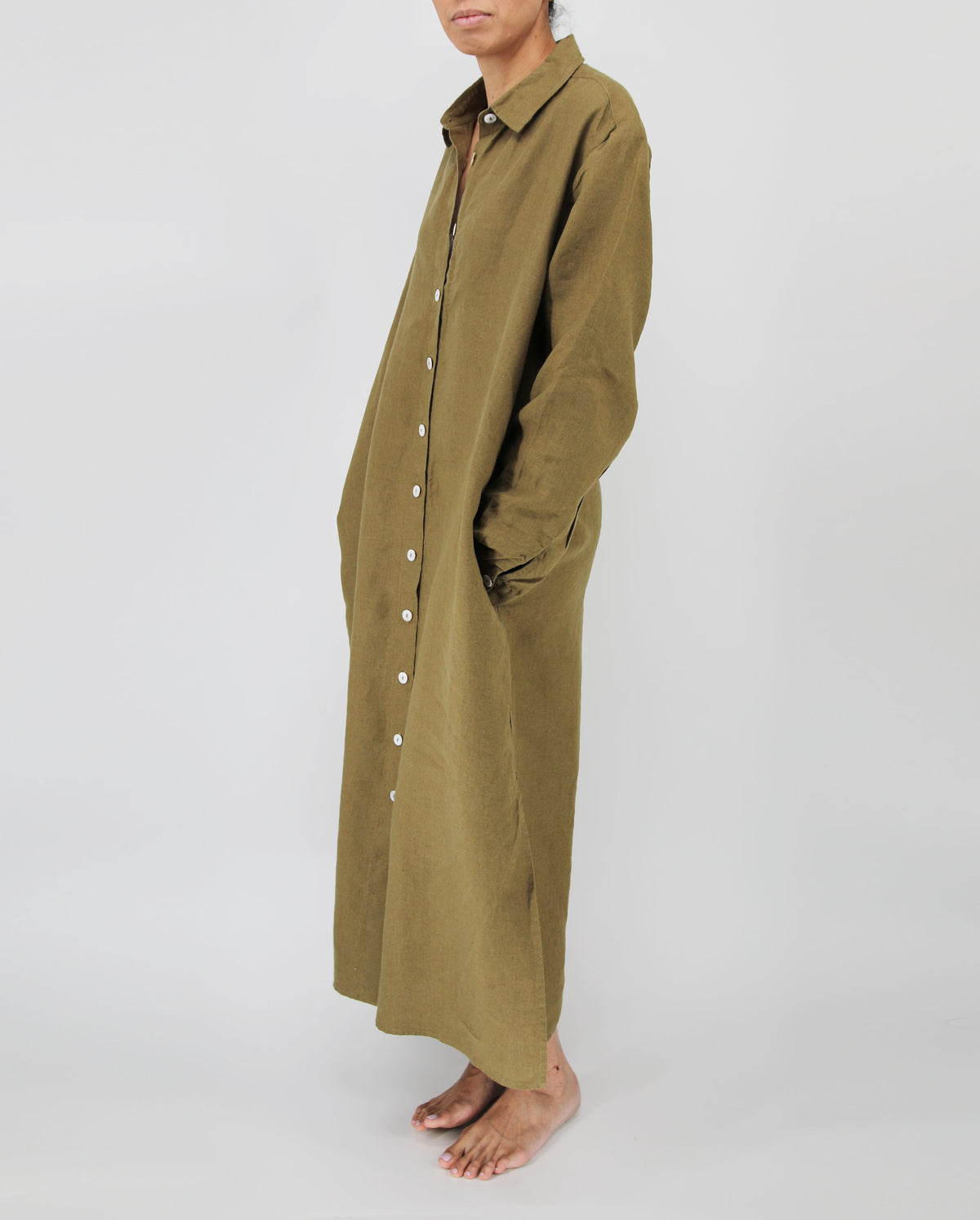 moss green linen dress with pockets maxi long length