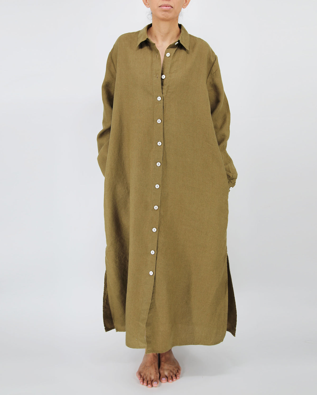 moss army green long linen dress with mother of pearl buttons and side pockets