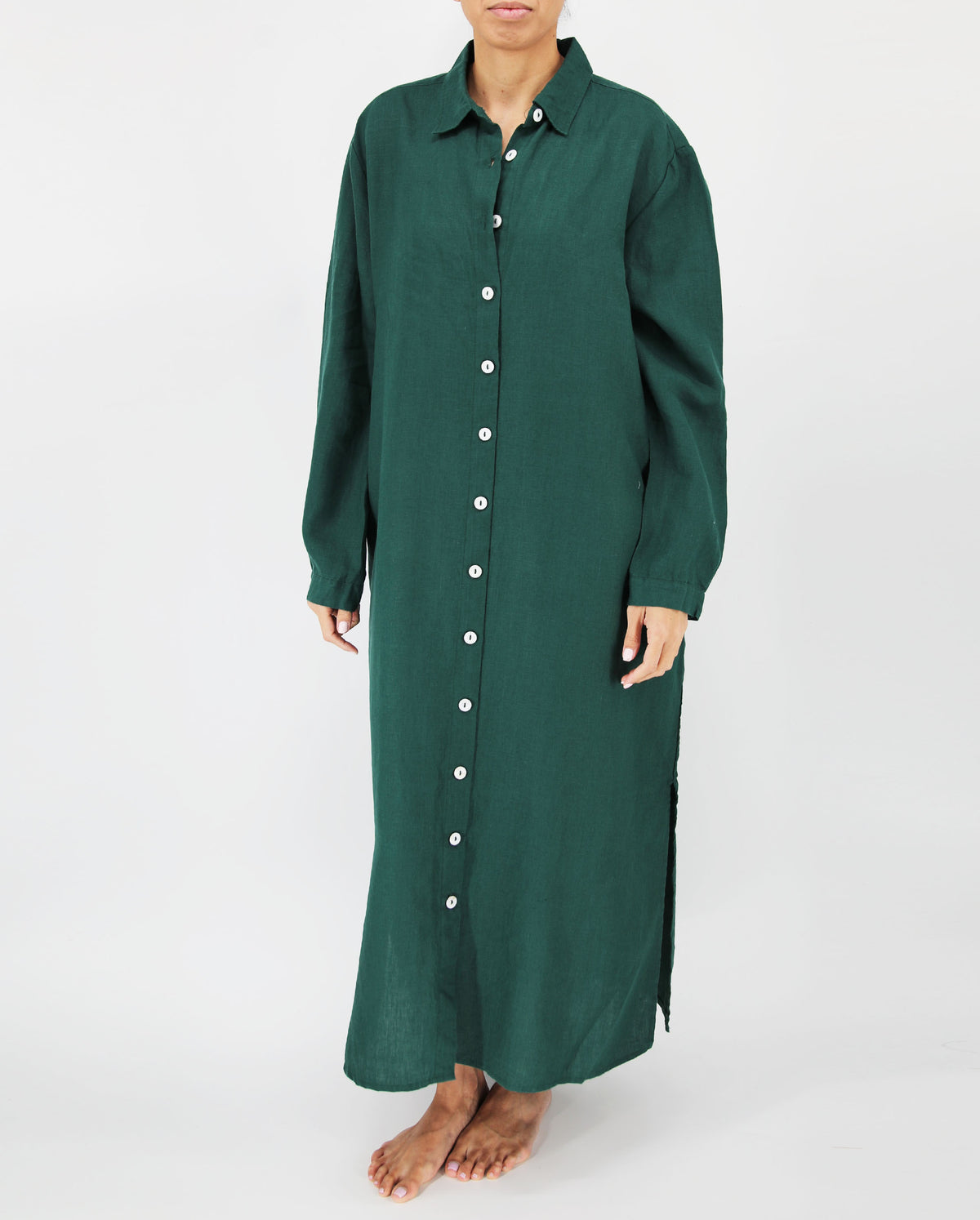 botanical green linen dress with buttons maxi long length