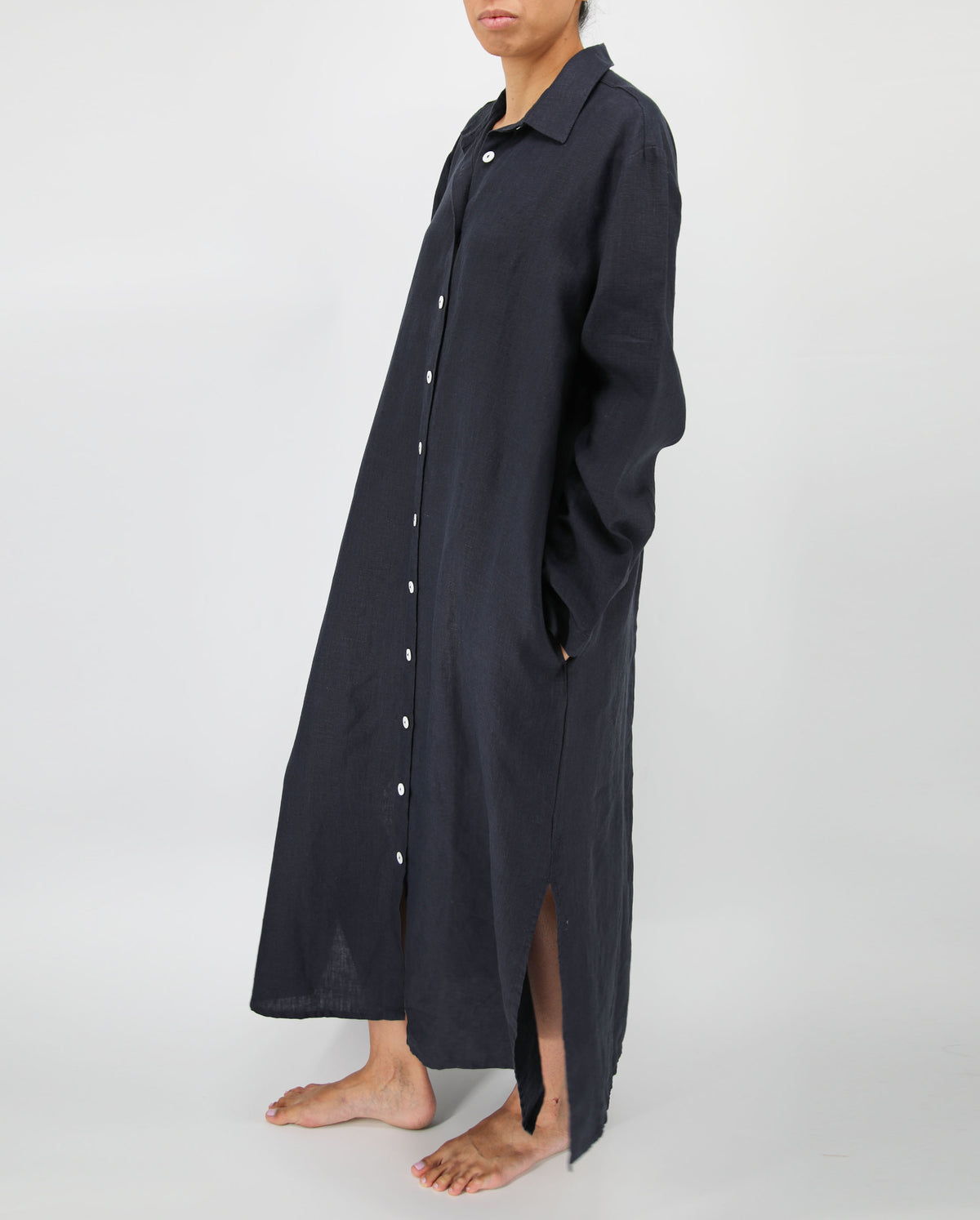 navy blue linen dress with buttons maxi long length