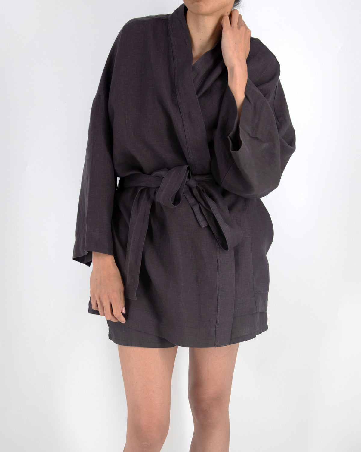 charcoal black linen kimono set with shorts