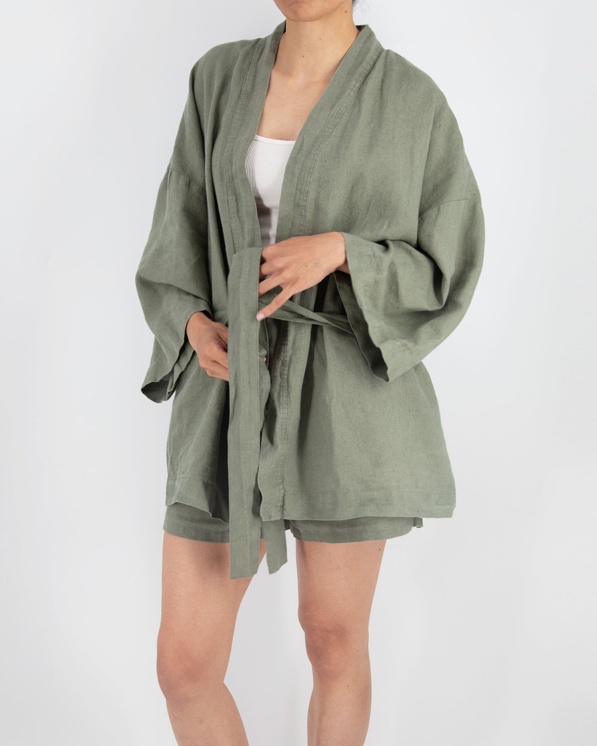 khaki green linen kimono set with shorts slightly open