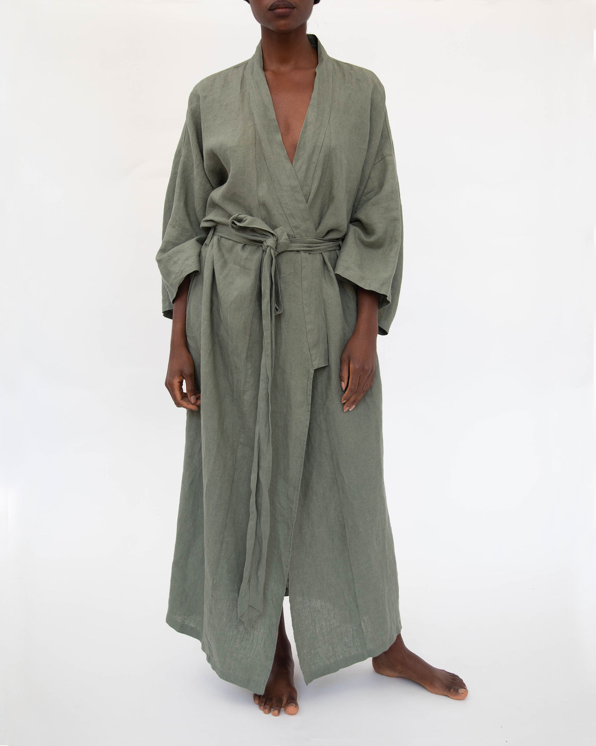 Full-length linen robe in Khaki green on model