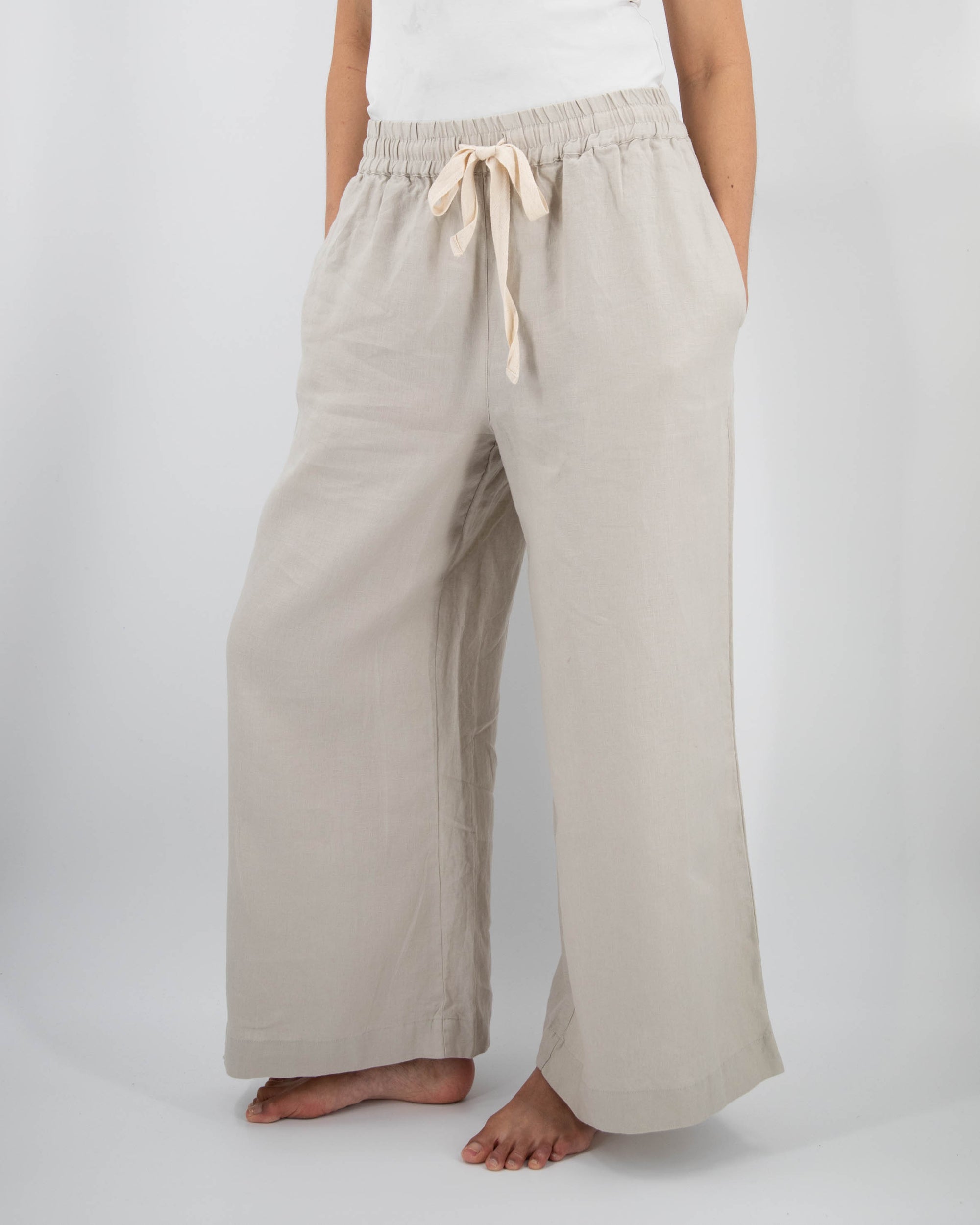 Front shot of wide-leg linen pant in dove gray