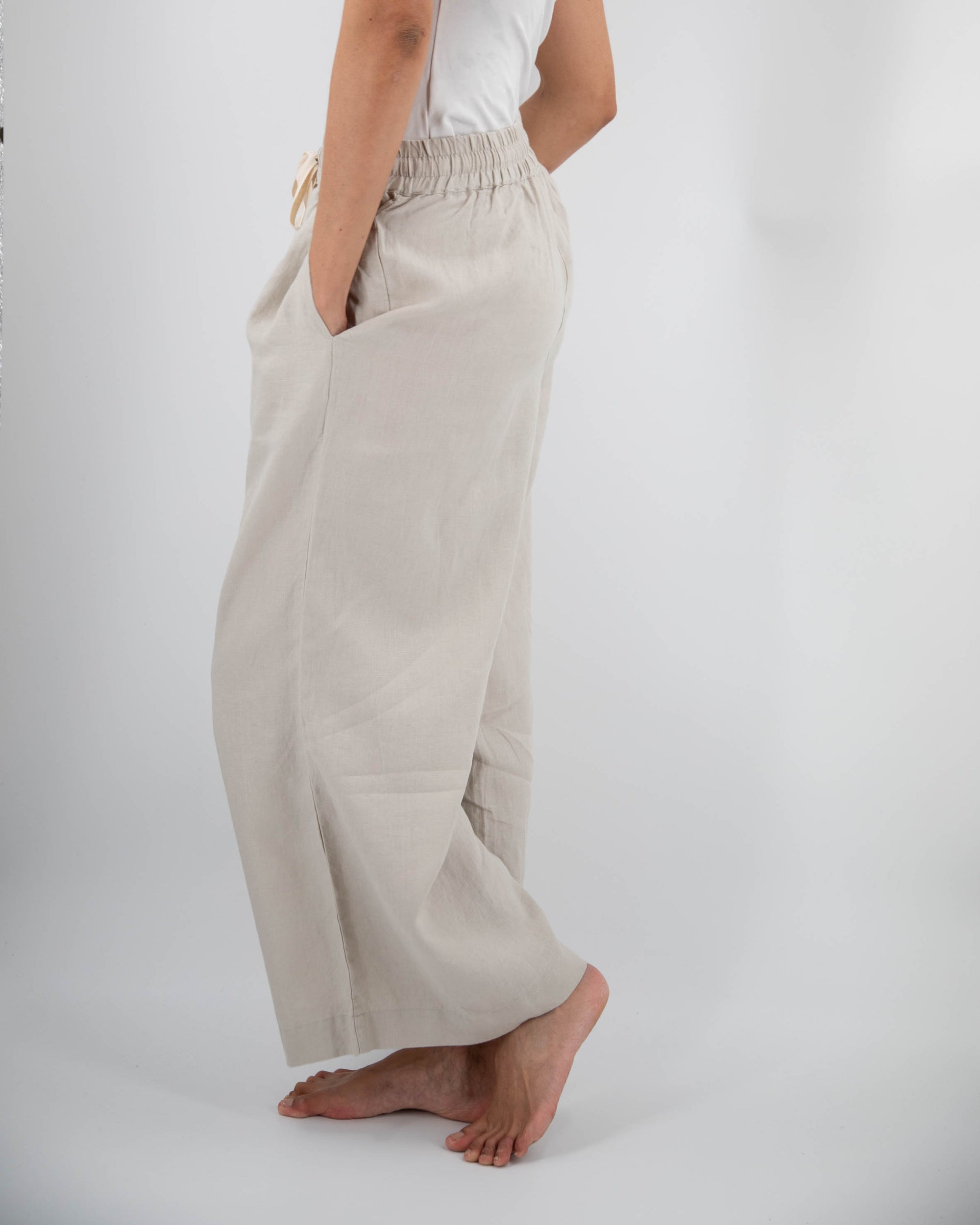 Front shot of wide-leg linen pant in dove gray