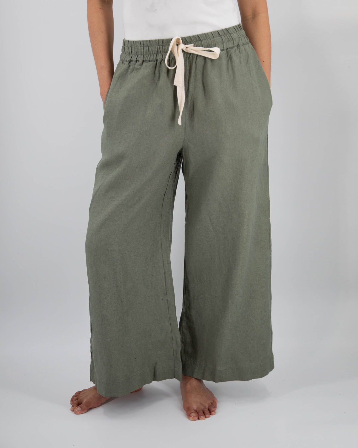 Front shot of wide-leg linen pant in khaki green