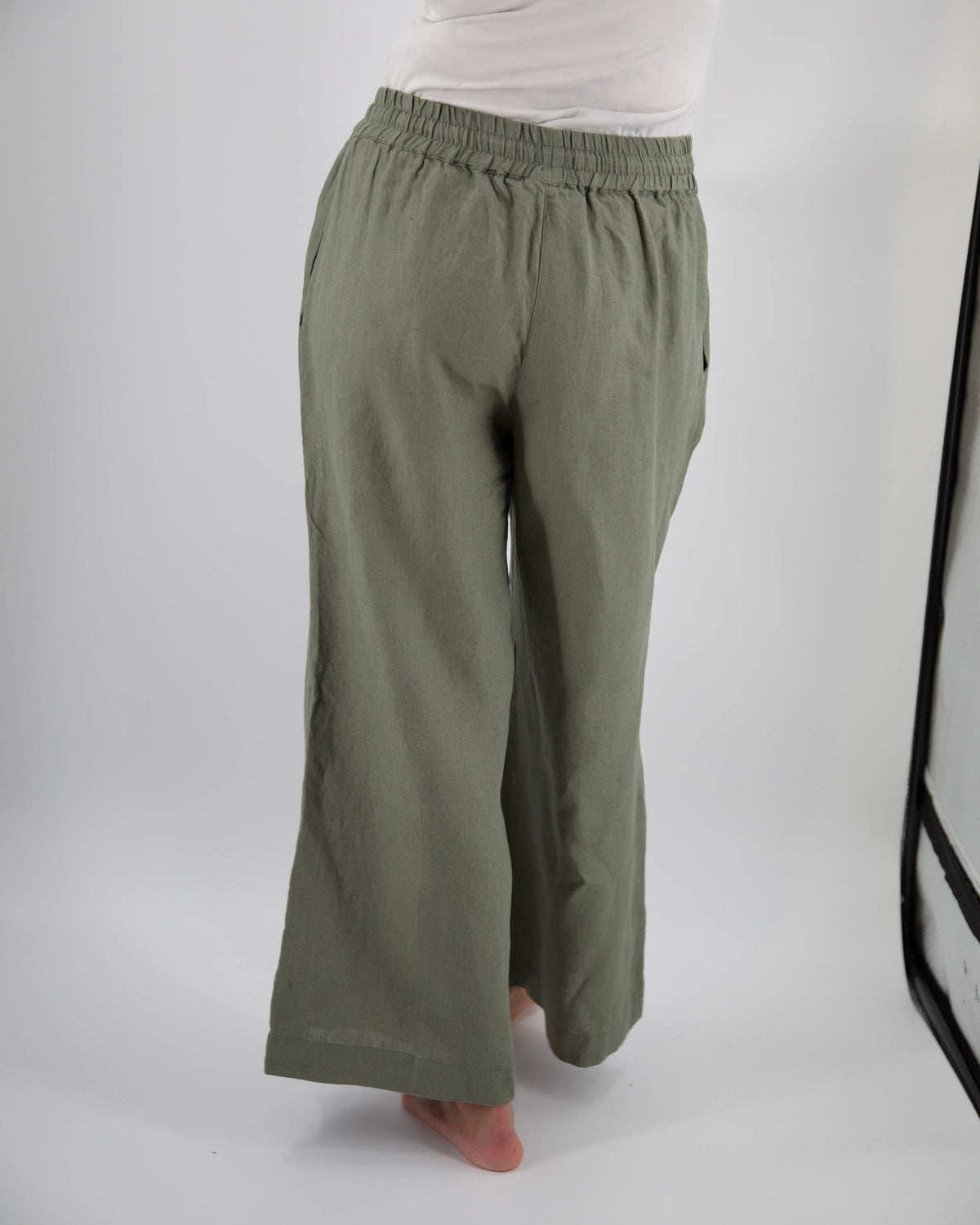 Back image of wide-leg linen pant in khaki green
