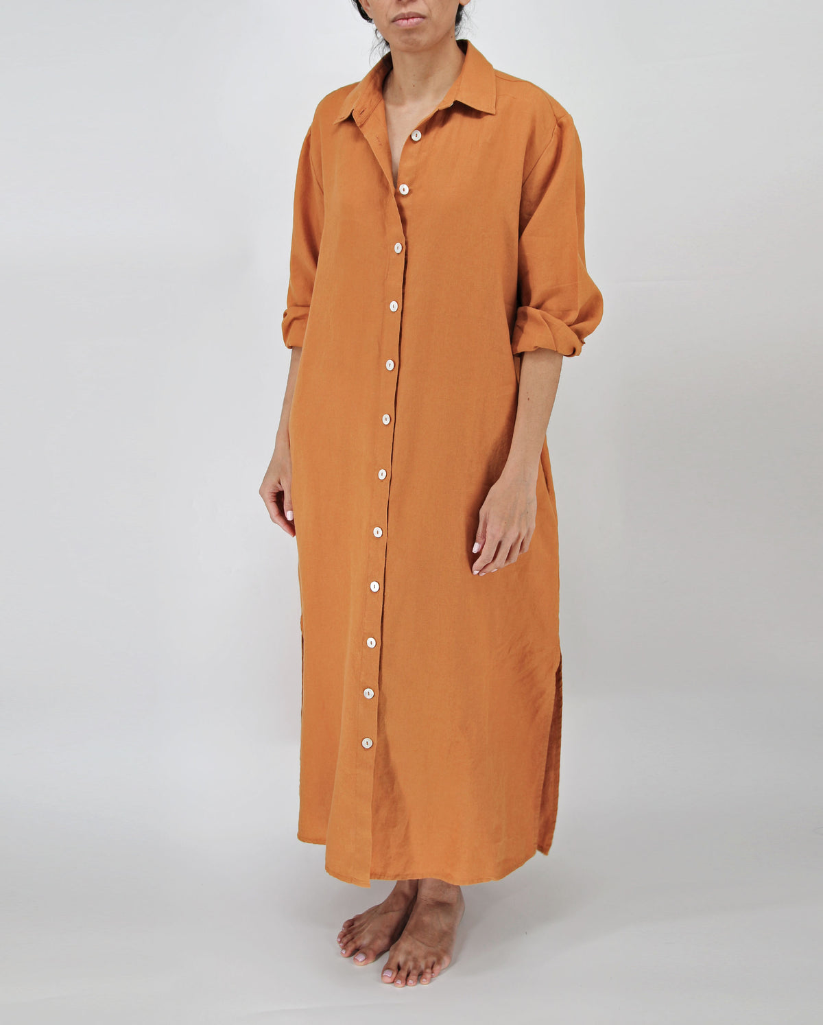 clay orange dress linen long length with buttons