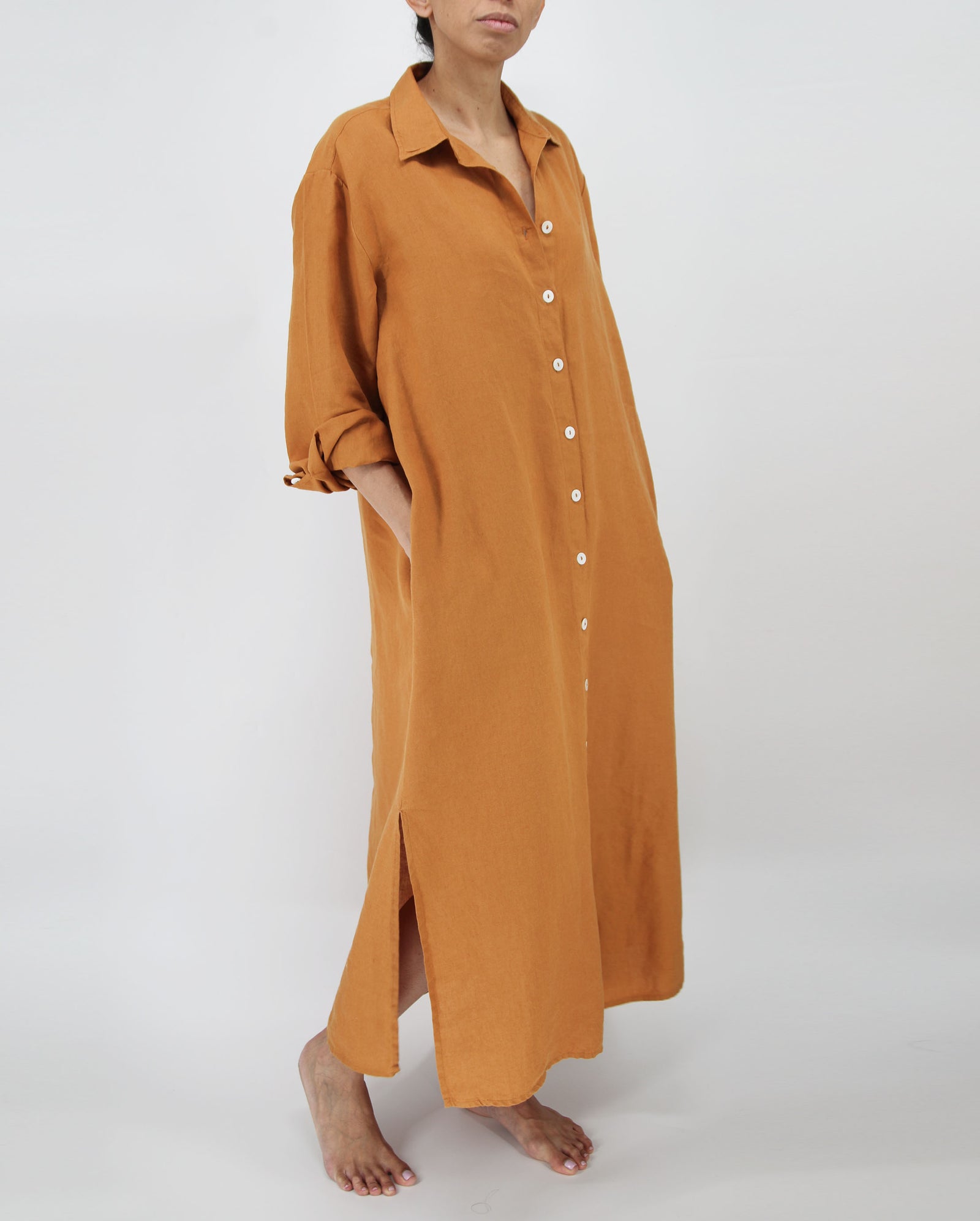 navy blue long linen dress with mother of pearl buttons and side pockets