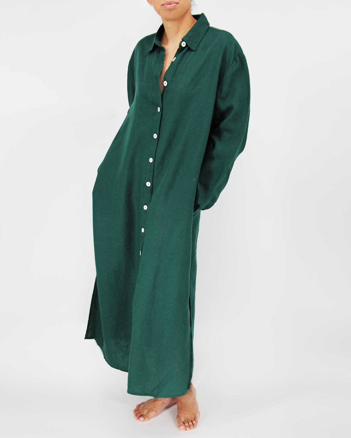 botanical green linen dress with buttons maxi long length