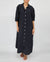 navy blue long linen dress with mother of pearl buttons and side pockets