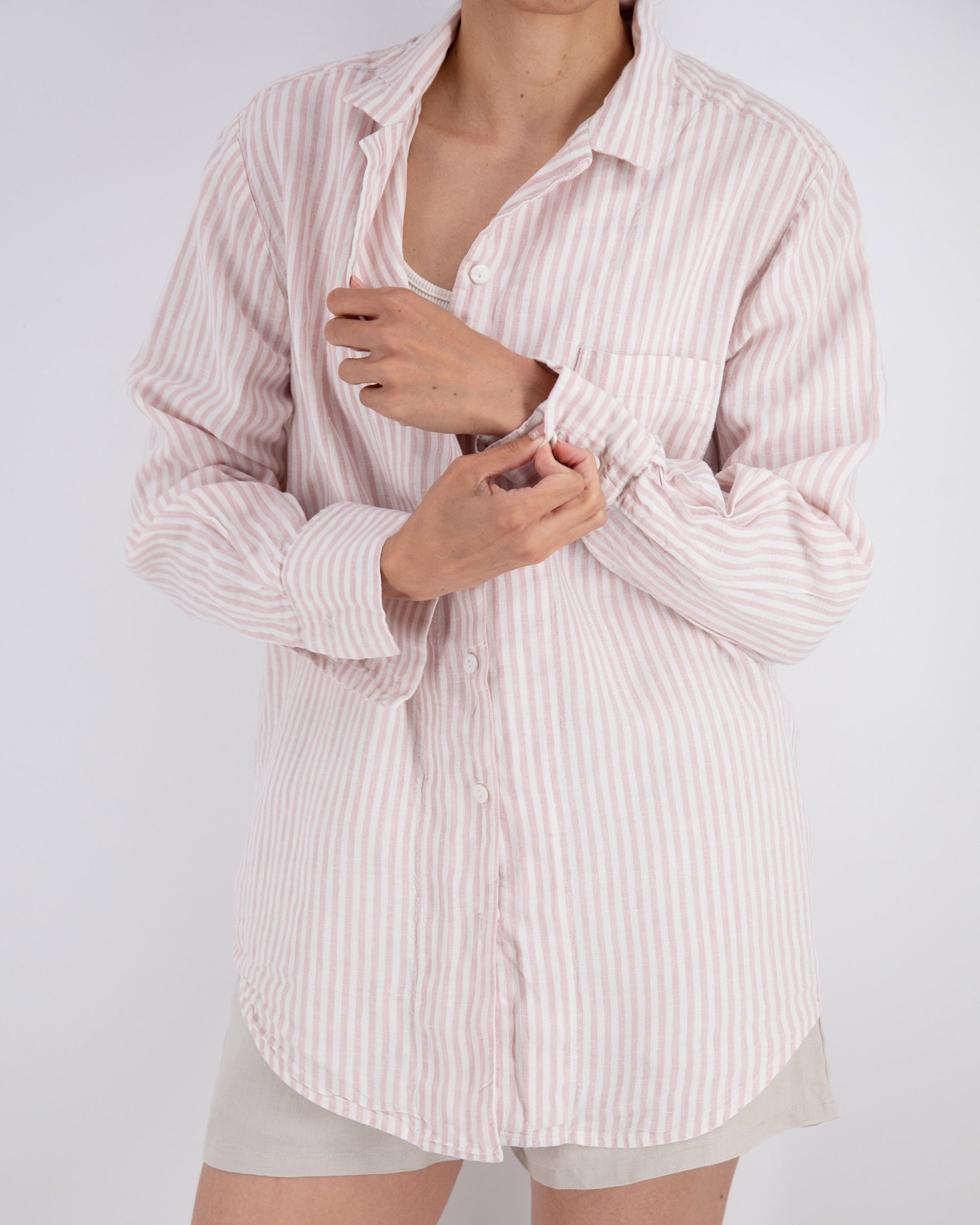 pink striped linen button down shirt