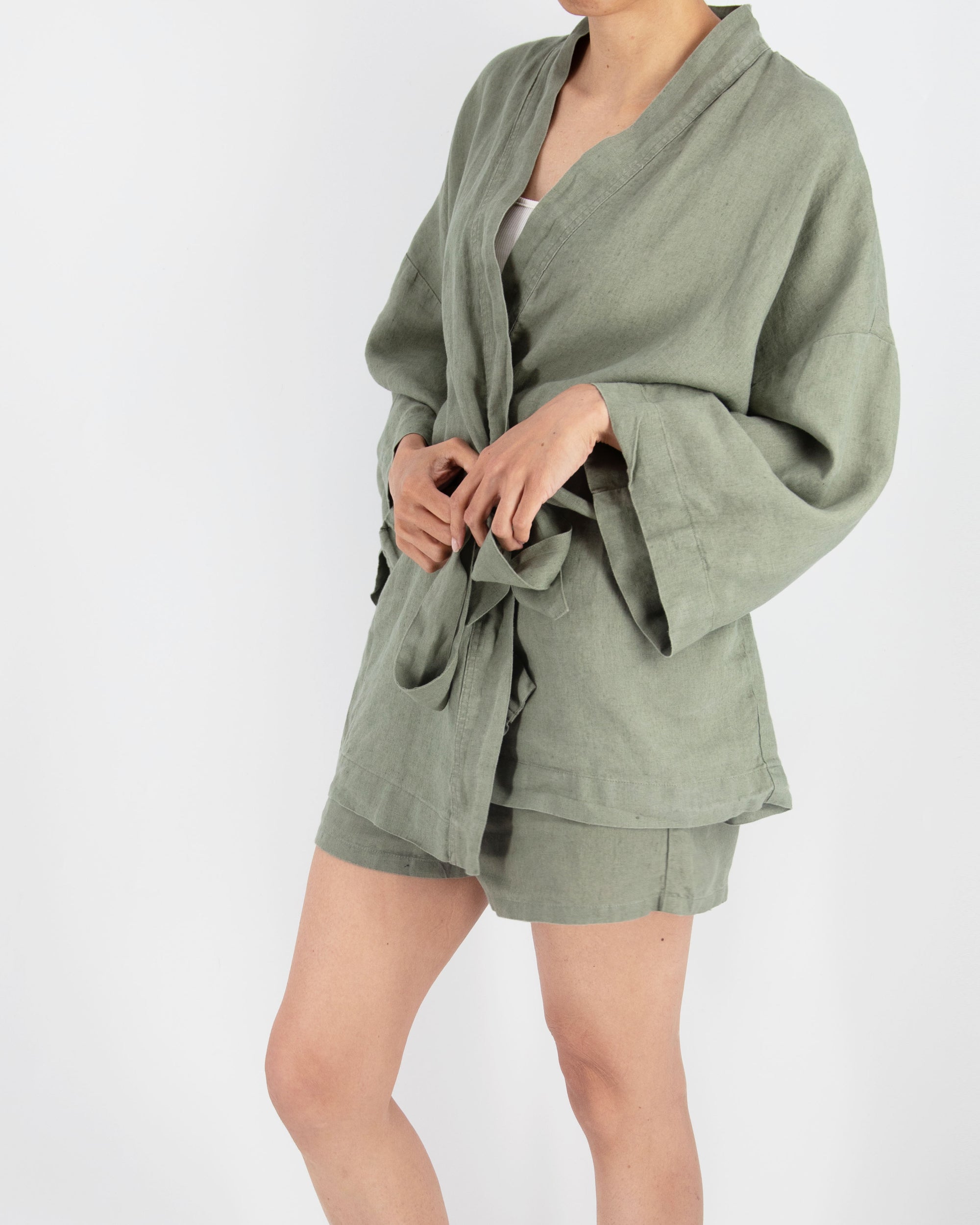 khaki green linen kimono set with shorts