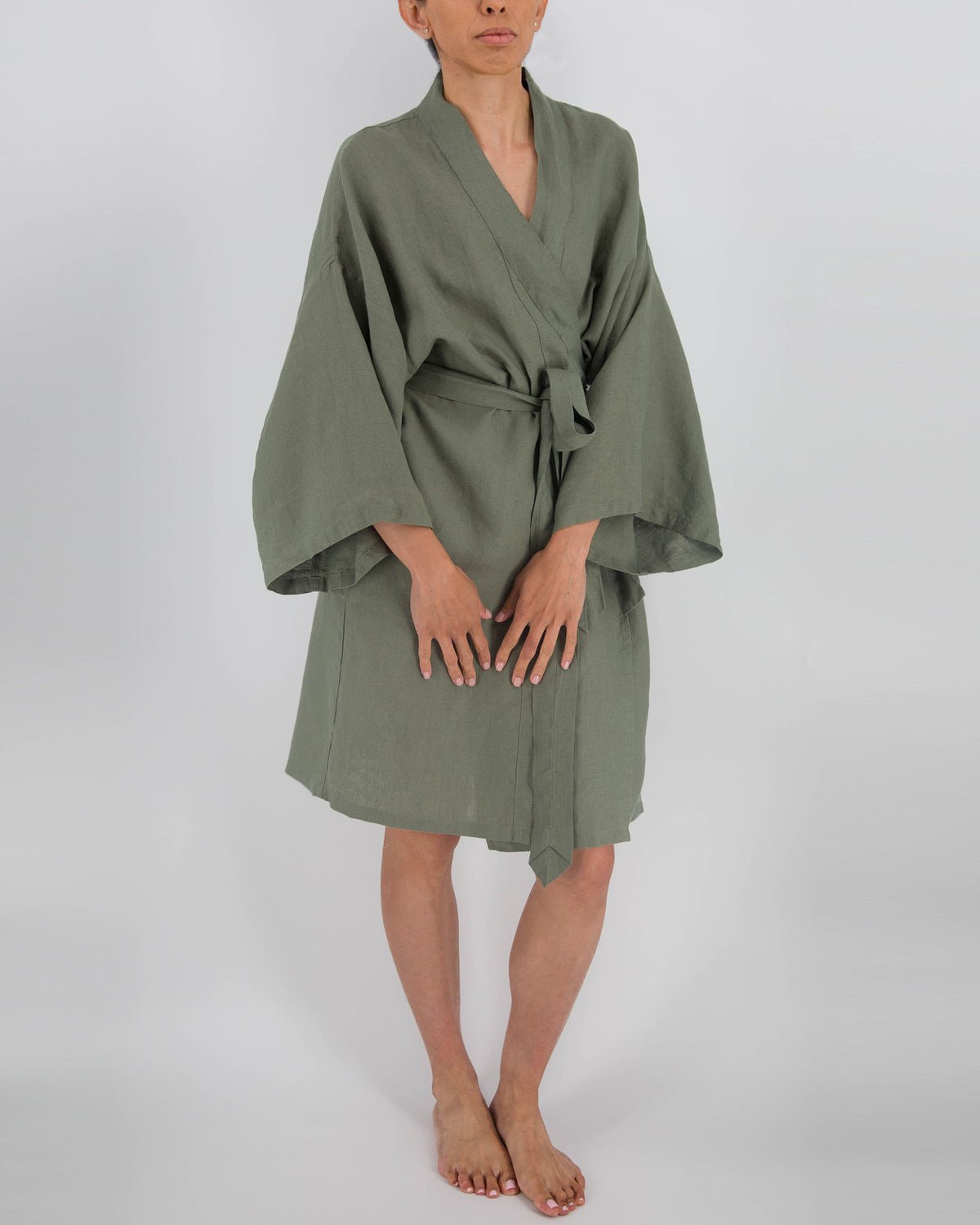khaki green knee-length linen robe