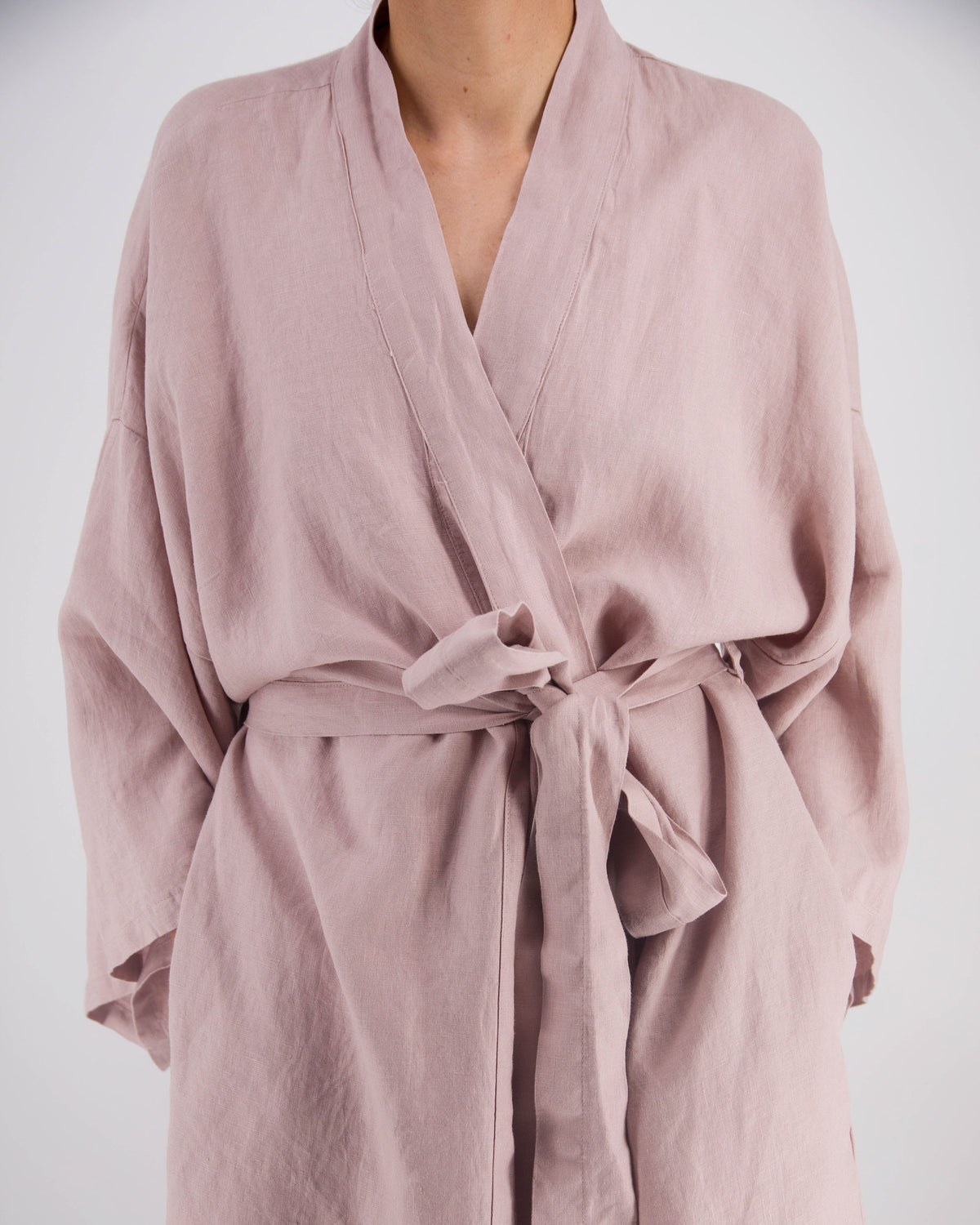 bisque pink knee-length linen robe close up