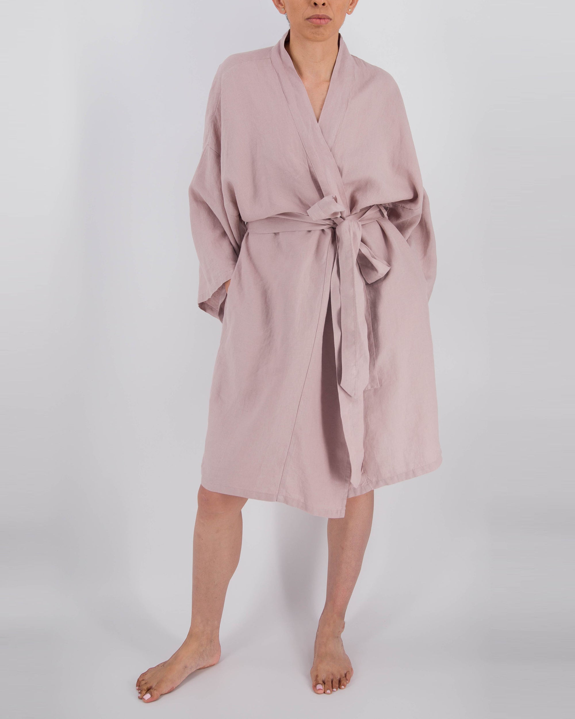 bisque pink knee-length linen robe