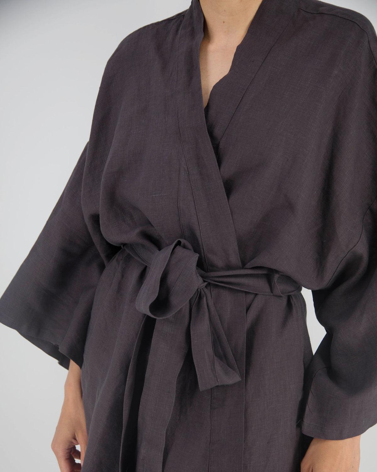 charcoal black knee-length linen robe close up