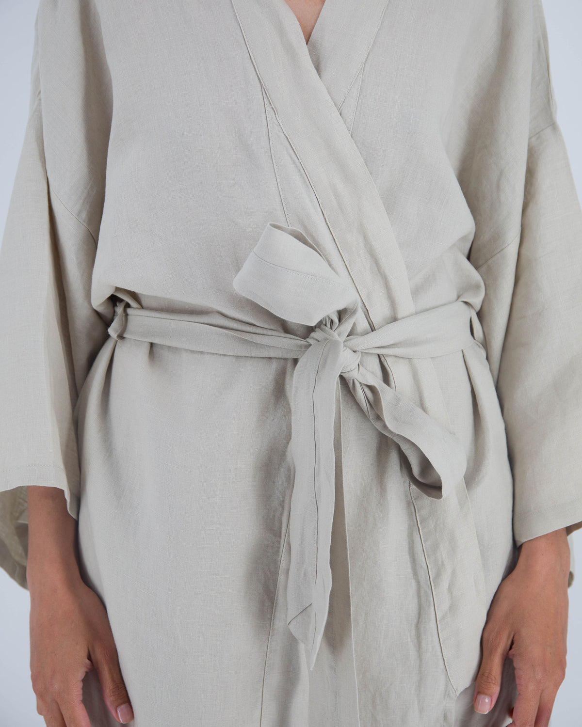 dove gray knee-length linen robe close up