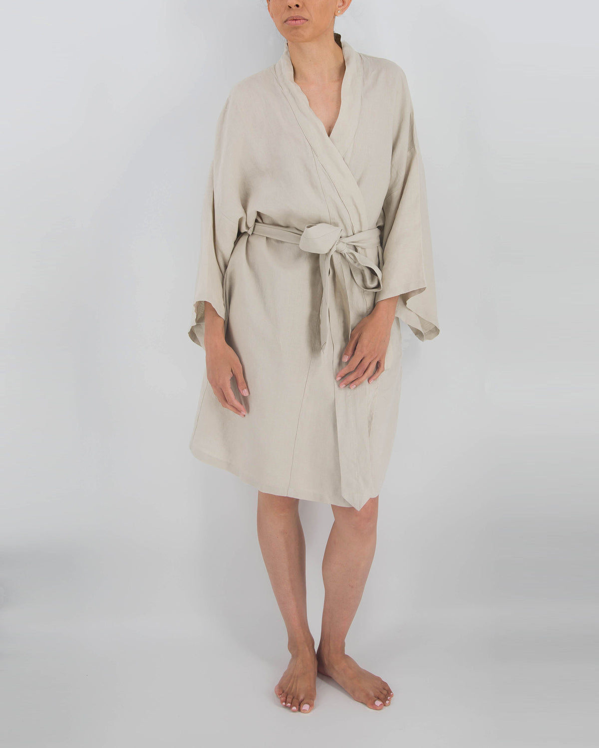 dove gray knee-length linen robe