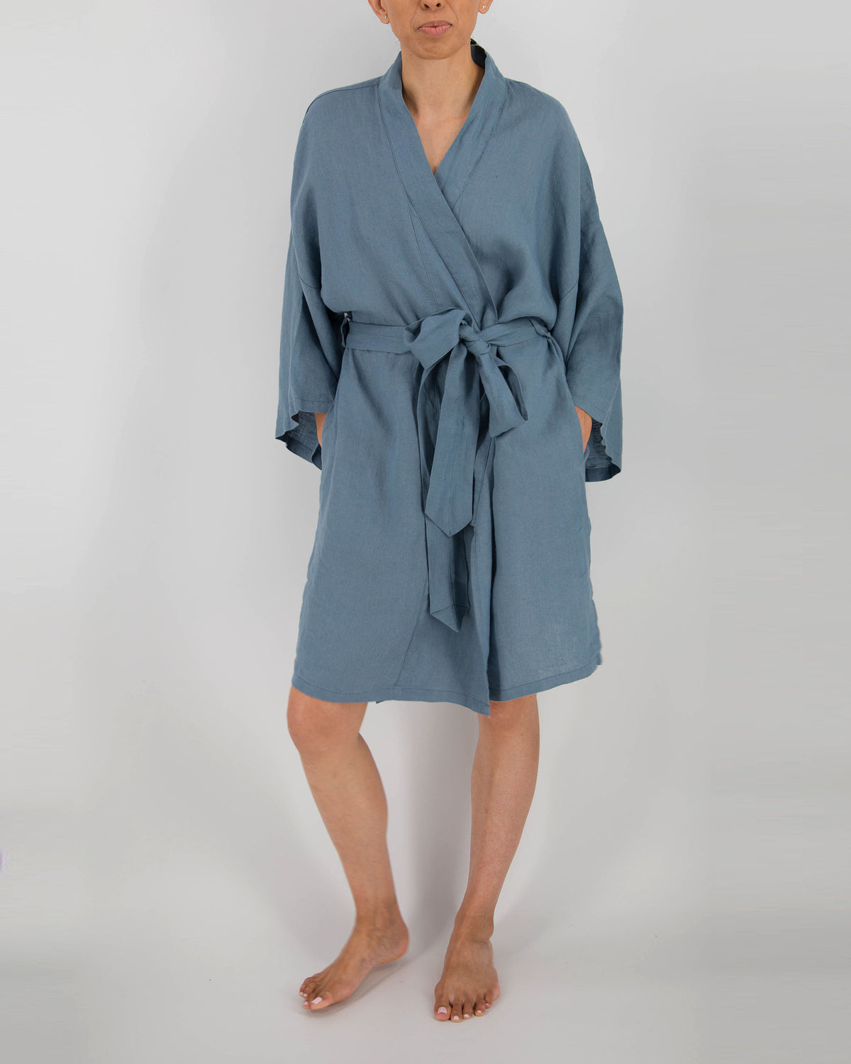 lagoon blue knee-length linen robe