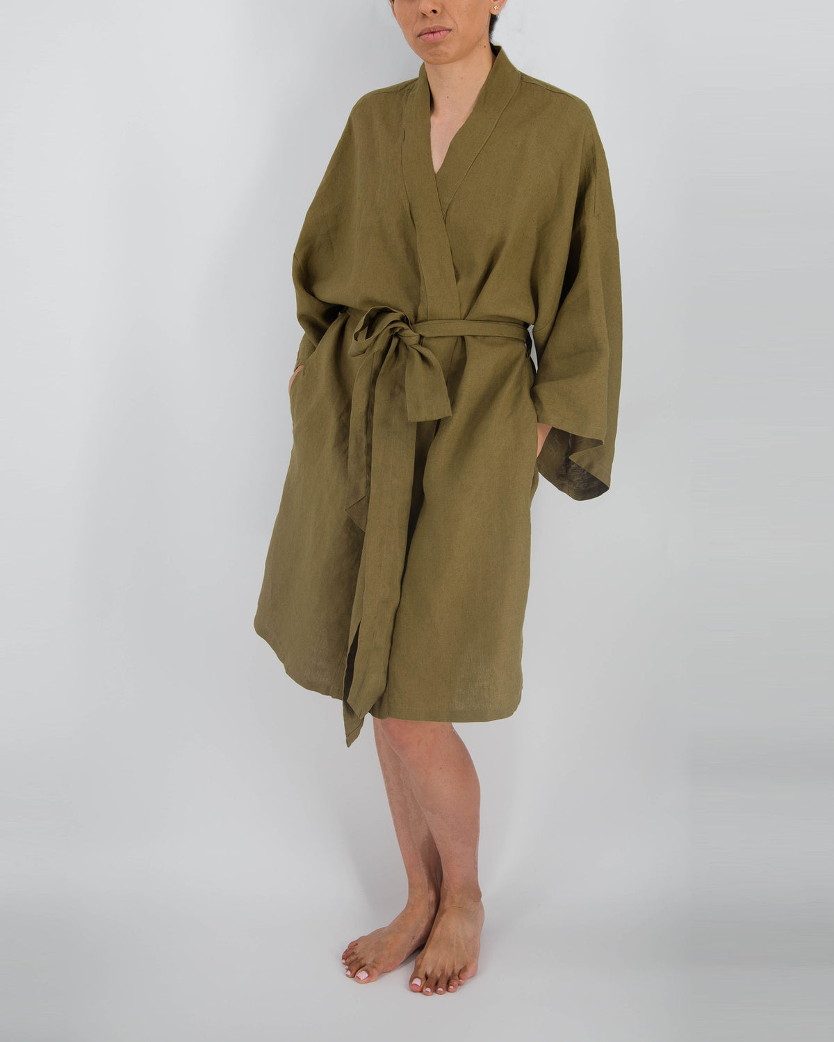 moss green knee-length linen robe