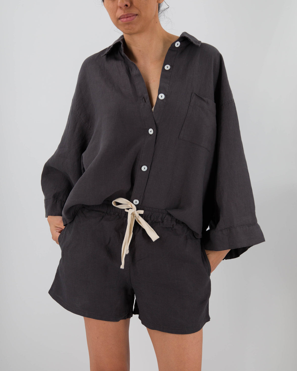 Linen button down shirt and shorts sleepwear set in charcoal black
