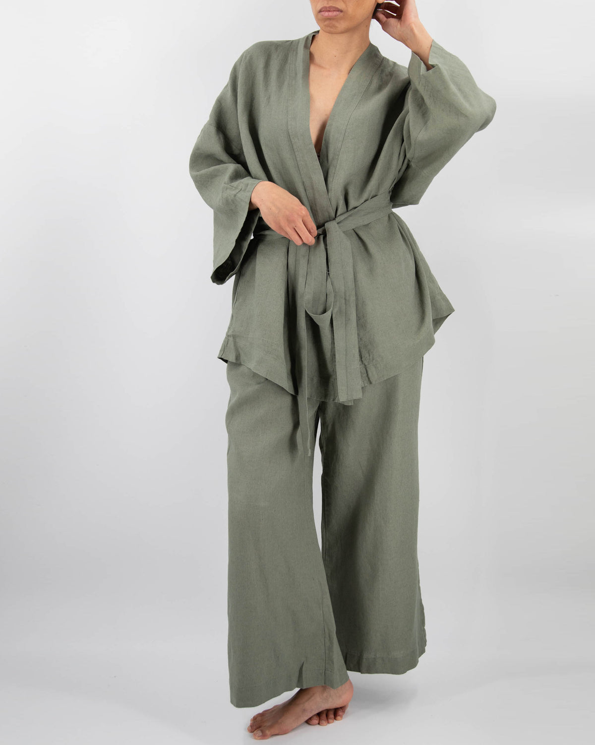 Kimono style loungwear set (top and pants) on model in khaki green