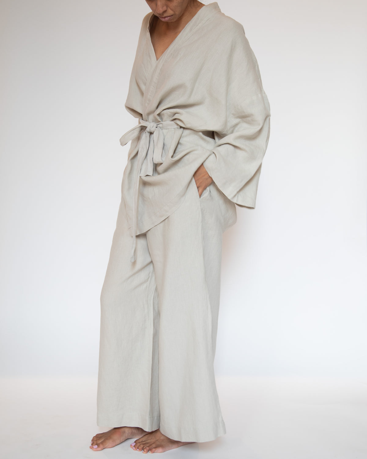 Kimono style loungwear set (top and pants) on model in dove gray