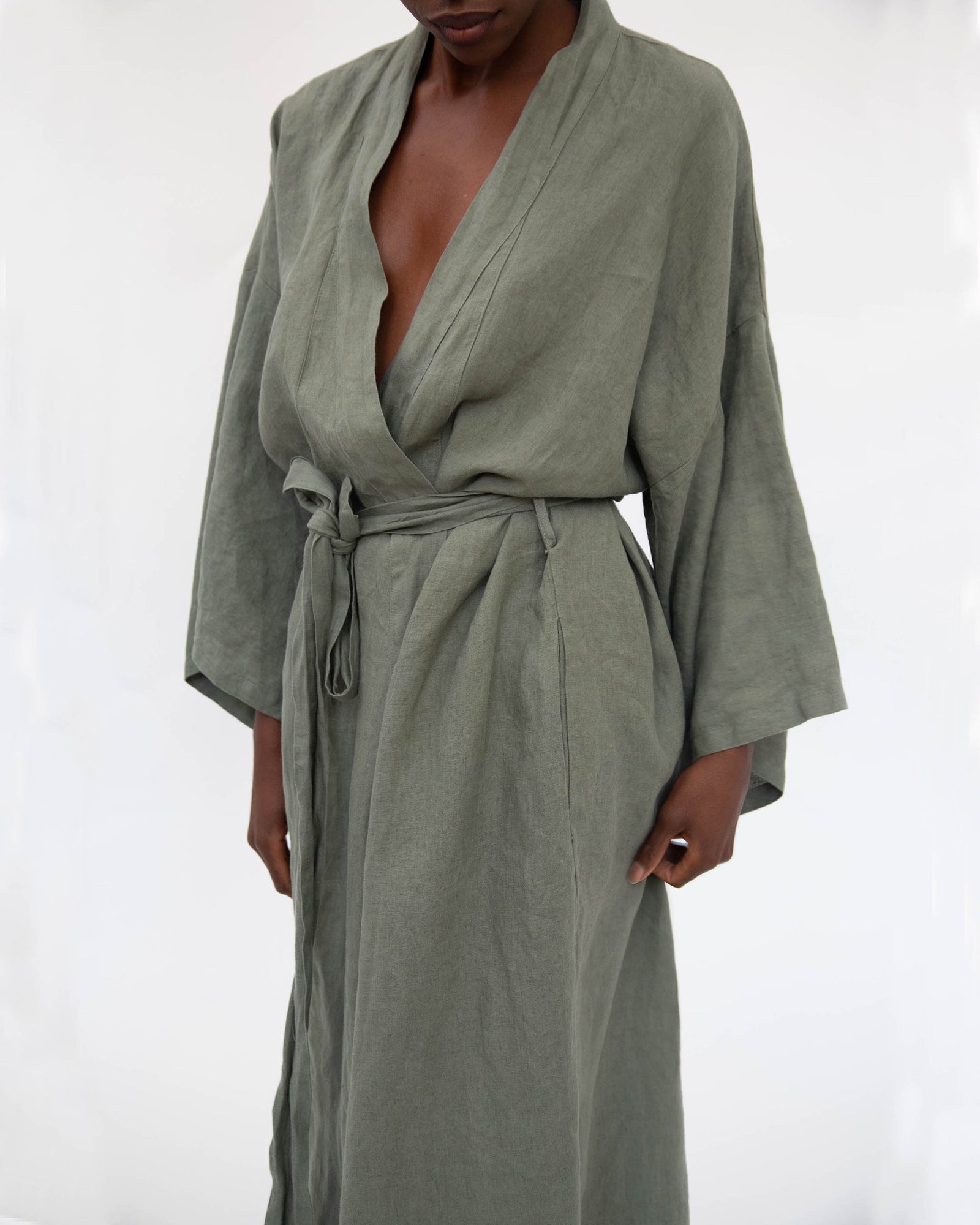 Full-length linen robe in Khaki green on model