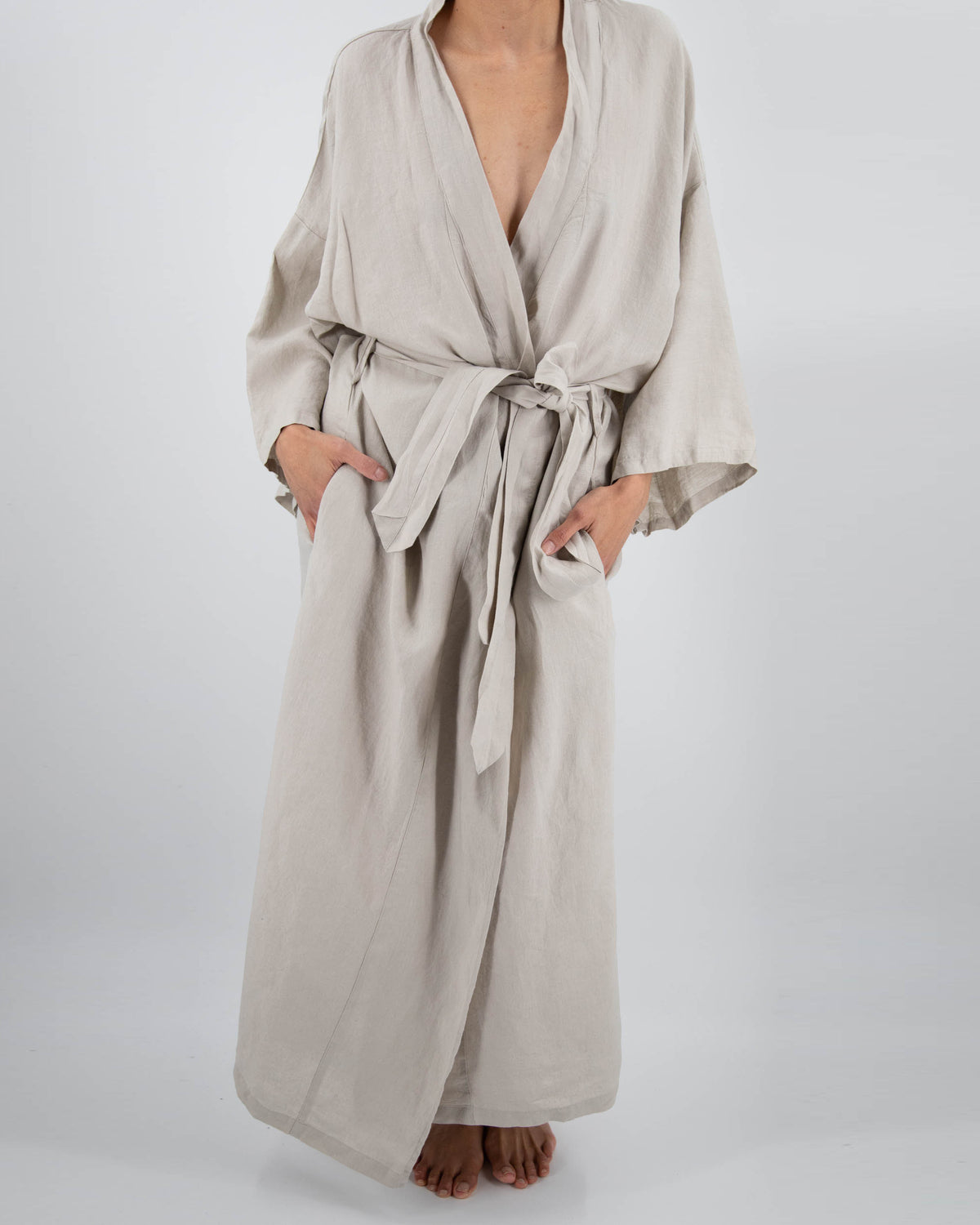 Full-length linen robe in dove gray on model